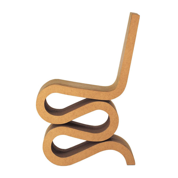 Curved wooden chair in warm natural tones, featuring a unique, flowing pattern for modern decor.