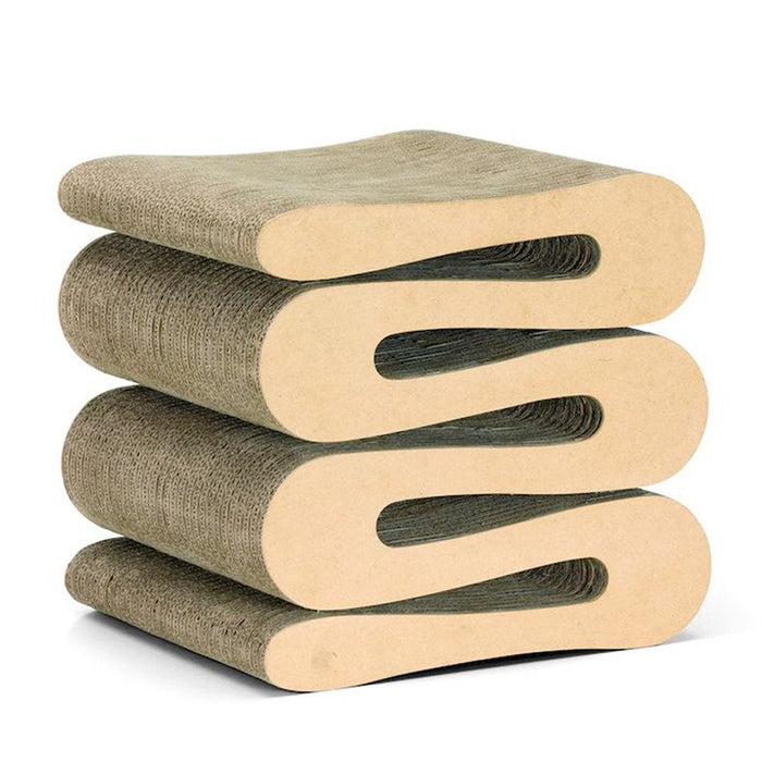Beige and olive green textured cat scratcher with a wavy design, featuring three stacked, curved layers.