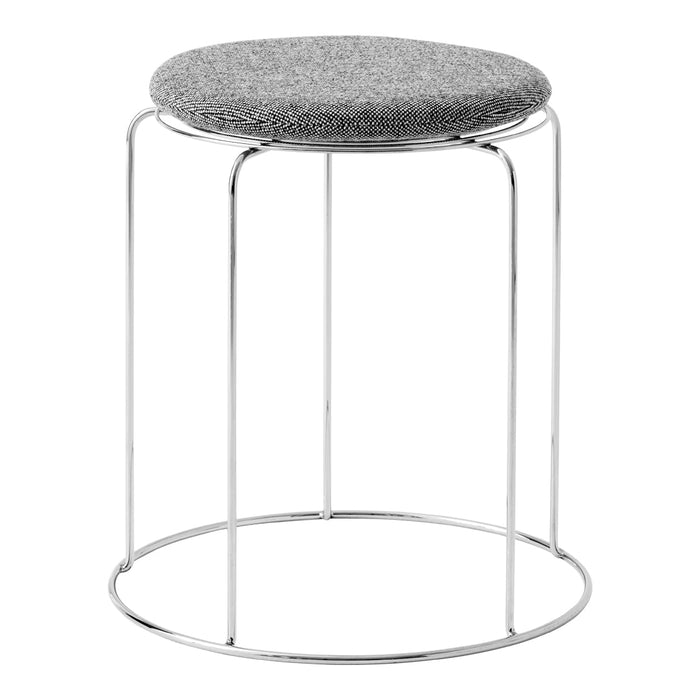 Round gray upholstered stool with a textured pattern on a sleek chrome base. Perfect for modern decor.