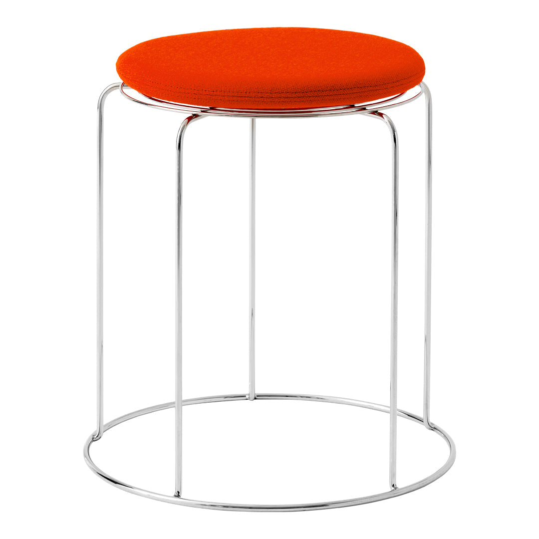 Bright orange round cushion on a sleek chrome base, minimalist design with no patterns. Ideal for modern decor.