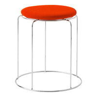 Bright orange round cushion on a sleek chrome base, minimalist design with no patterns. Ideal for modern decor.