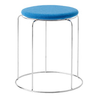 Round blue upholstered stool with sleek chrome legs, perfect for modern decor.