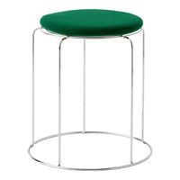 Green upholstered stool with a sleek chrome base, featuring a minimalist design and smooth circular patterns.