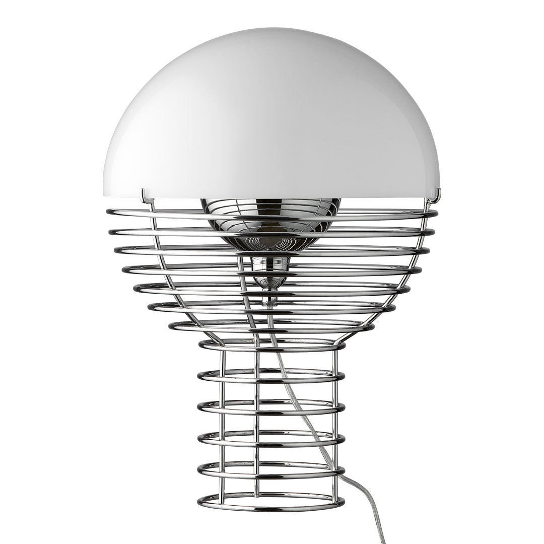 Modern lamp featuring a glossy white dome and sleek silver wire base with a spiral pattern. Ideal for contemporary decor.