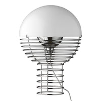 Modern lamp featuring a glossy white dome and sleek silver wire base with a spiral pattern. Ideal for contemporary decor.