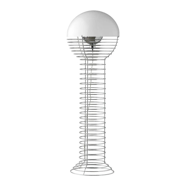 Minimalist white lamp with a curved base and spiral wire design. Sleek, modern aesthetic for contemporary decor.