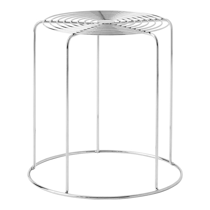 Sleek chrome stool with a circular, slatted top and minimalist design, perfect for modern decor.