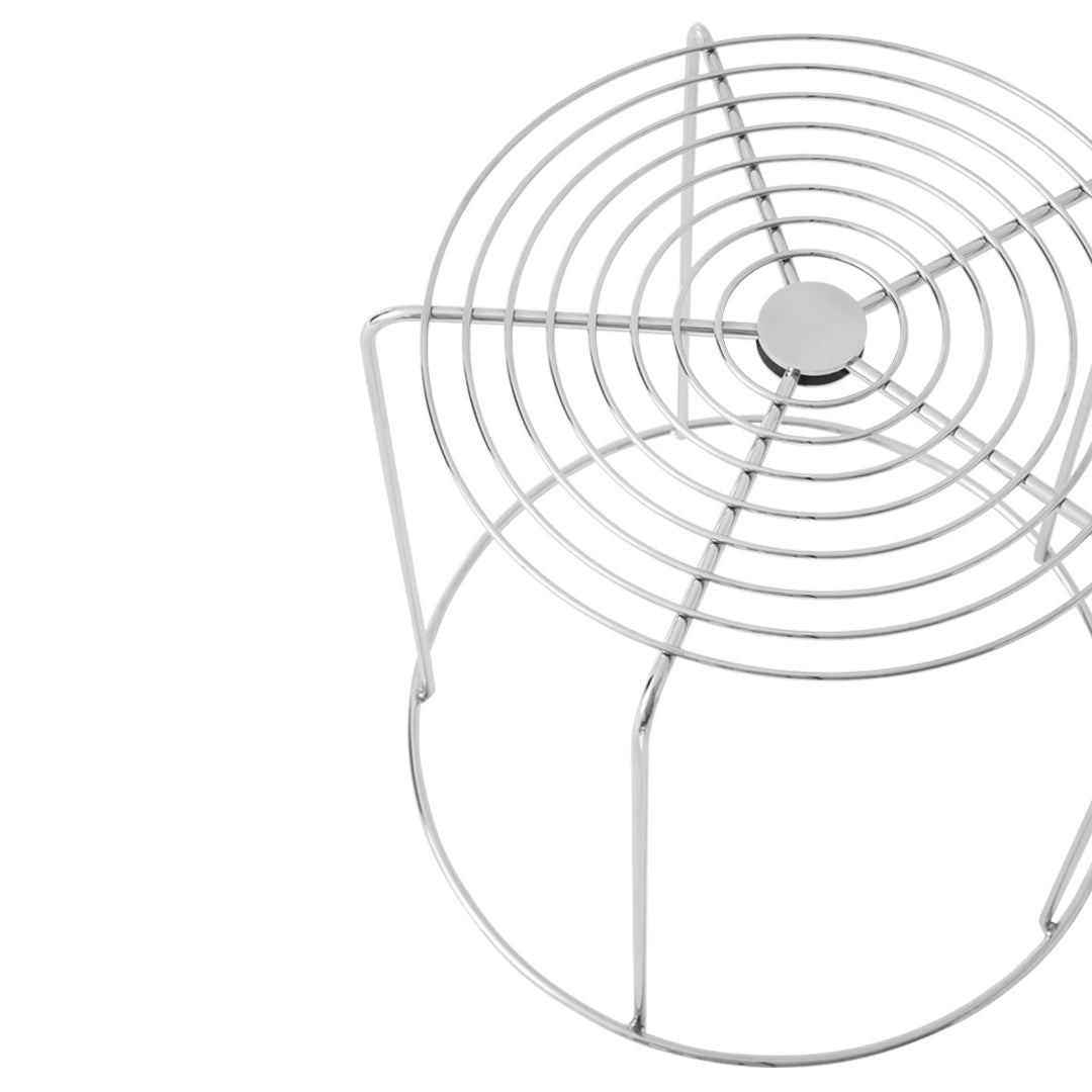 "Chrome wire cooling rack with circular spiral design for optimal airflow and stylish kitchen display."
