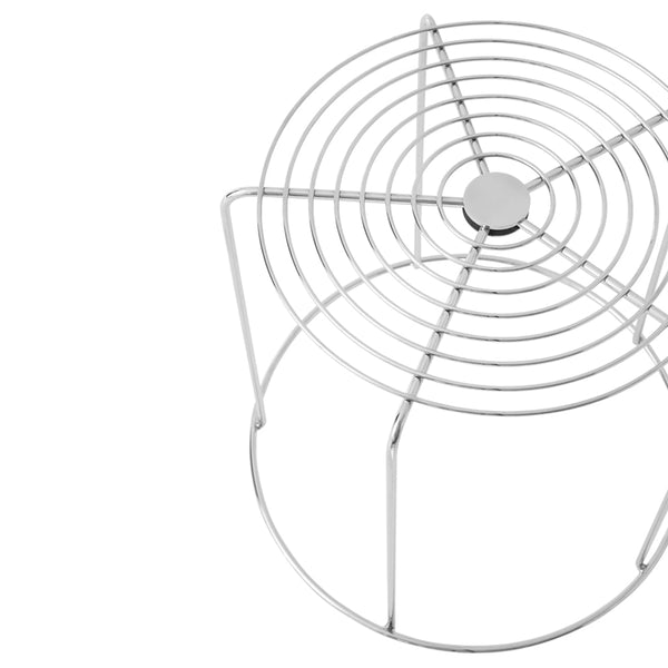 "Chrome wire cooling rack with circular spiral design for optimal airflow and stylish kitchen display."