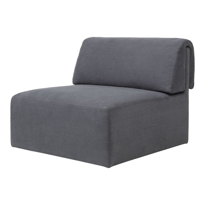 Gray upholstered lounge chair with a minimalist design, featuring smooth fabric and a contemporary shape.