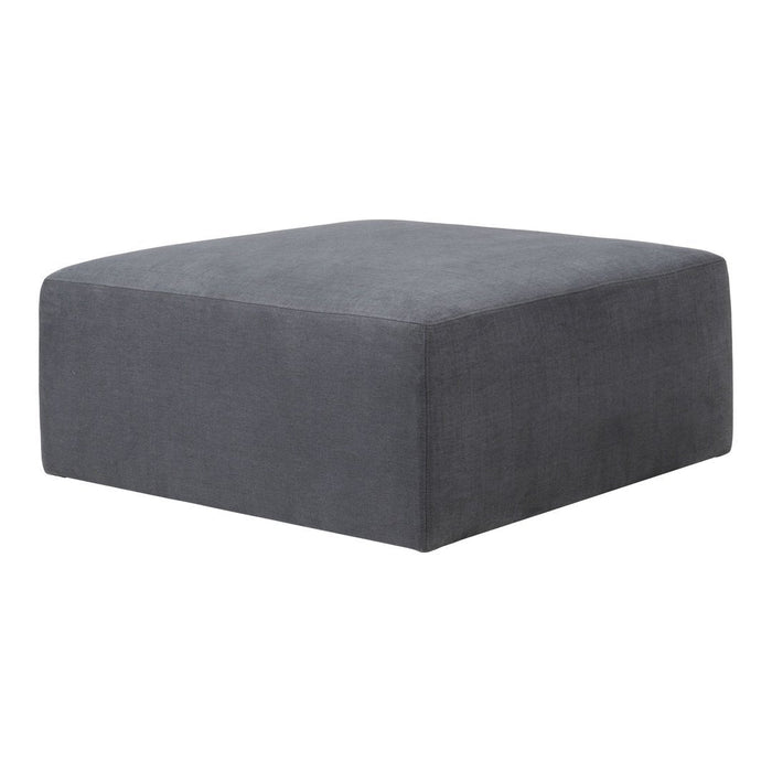 Gray square ottoman with a sleek, minimalist design and smooth fabric texture. Perfect for modern decor.