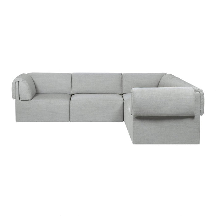 Light gray sectional sofa with a smooth, textured fabric and minimalist design. Perfect for modern living spaces.