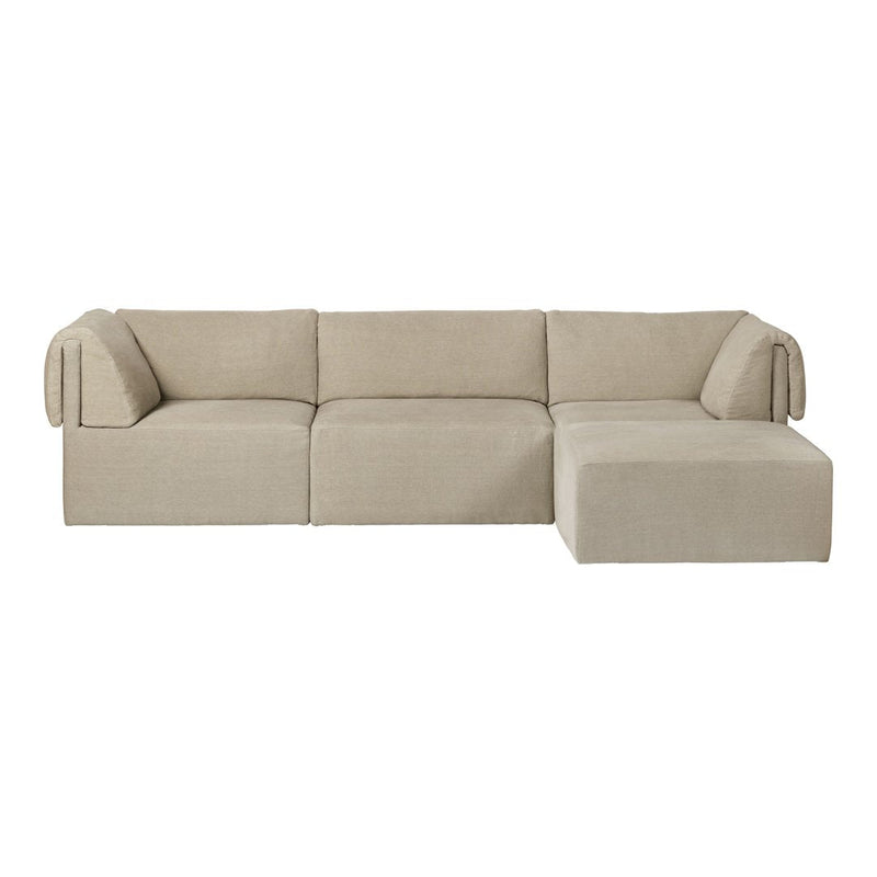 Light beige modular sofa with simple, modern design and plush fabric upholstery. Ideal for contemporary living spaces.