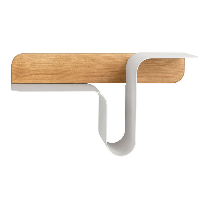 Natural wood and sleek white metal create a modern, minimalist wall shelf design.