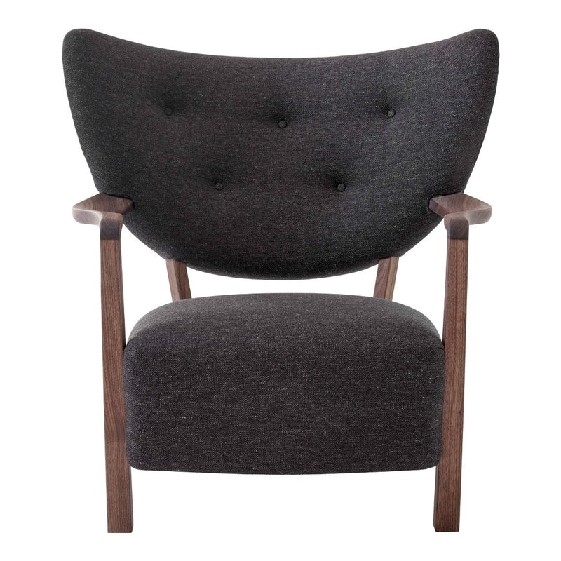 Dark gray upholstered chair with a button-tufted back and wooden arms, showcasing a modern and stylish design.