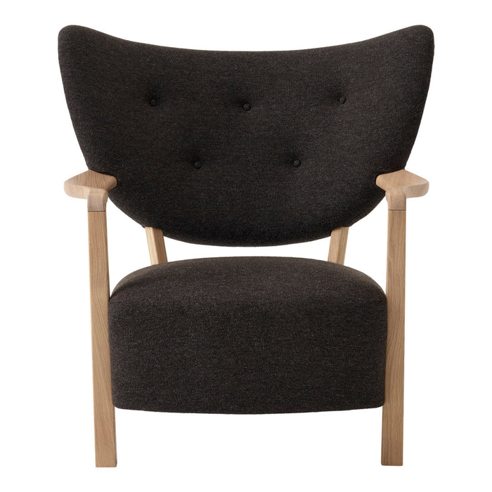 Stylish dark gray armchair with a curved back and wooden arms, featuring a tufted upholstery pattern.
