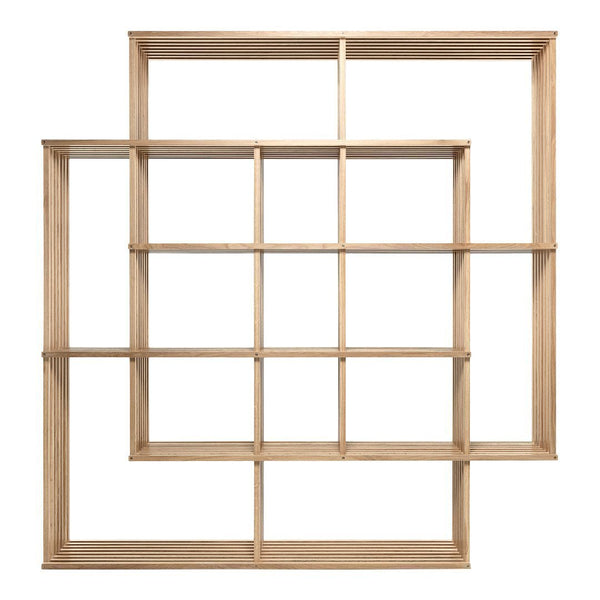 Wooden wall shelf in natural finish with a geometric pattern of open rectangular compartments.