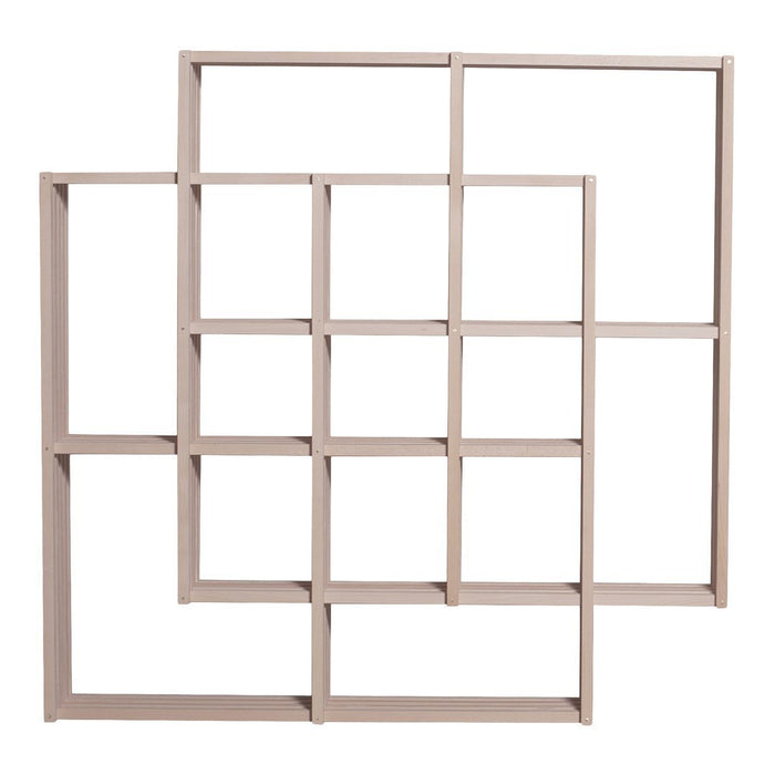 Geometric shelf design in soft beige tones, featuring a modern, open-framed pattern for stylish display options.