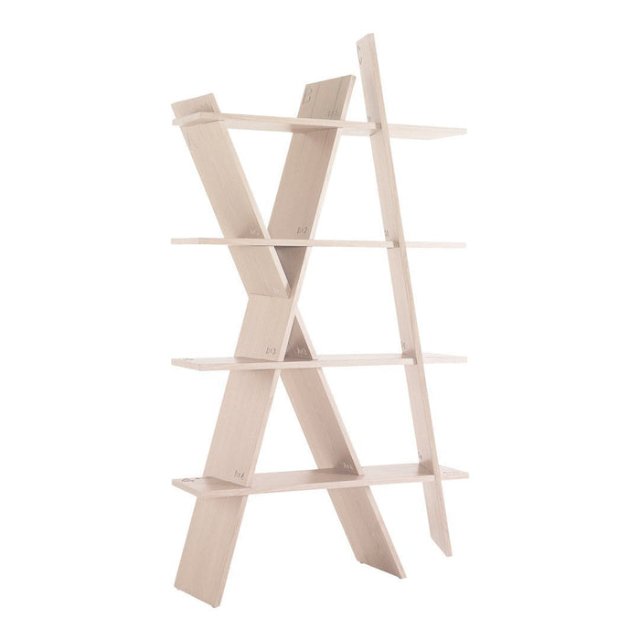 Light beige wooden bookshelf with a geometric design and horizontal shelves. Minimalist style for modern decor.
