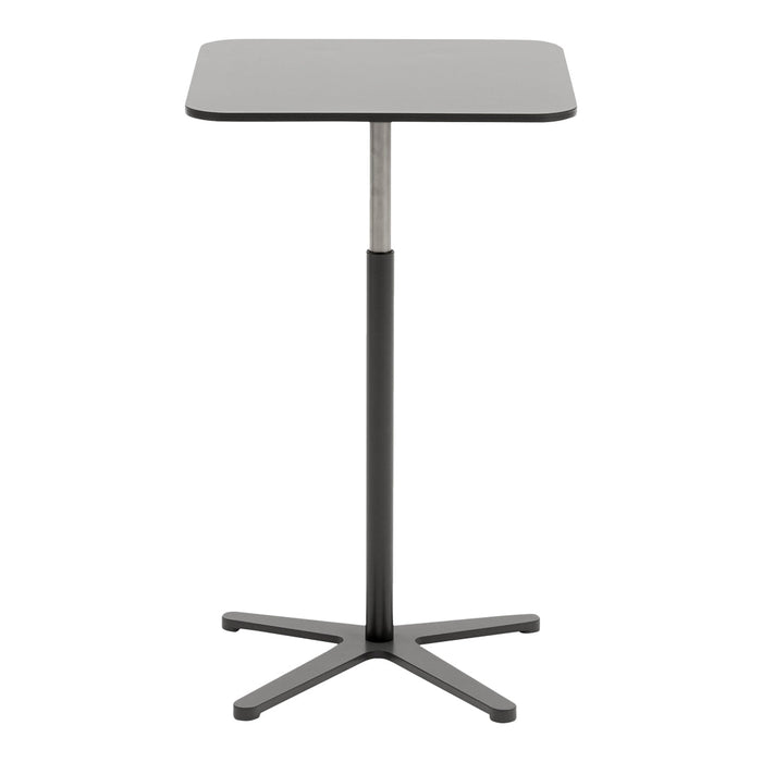 "Modern black and gray stand-up table with a sleek square top and minimalist design."
