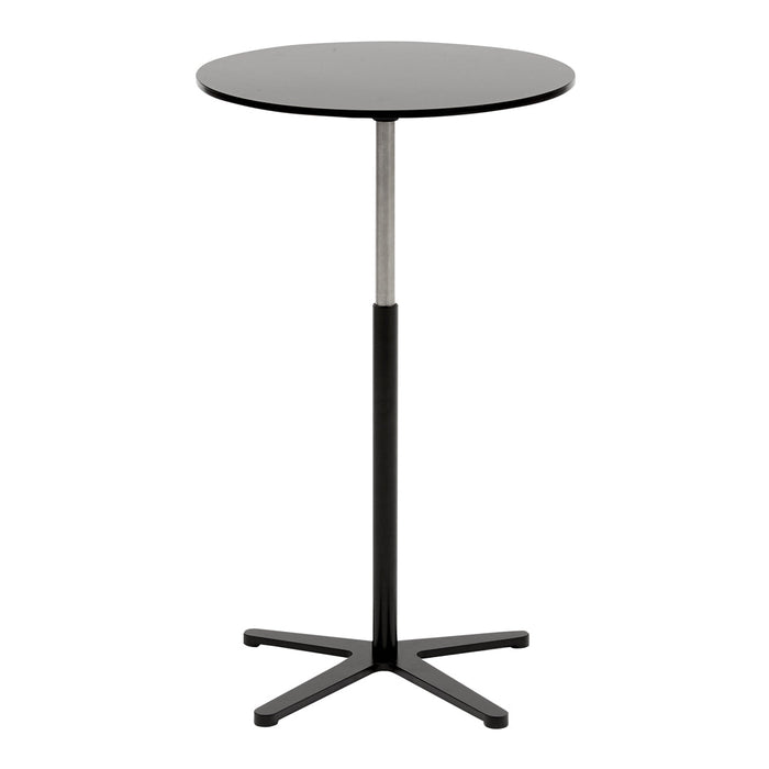 Black round tabletop with a sleek black base and silver pole, minimalist modern design perfect for any space.
