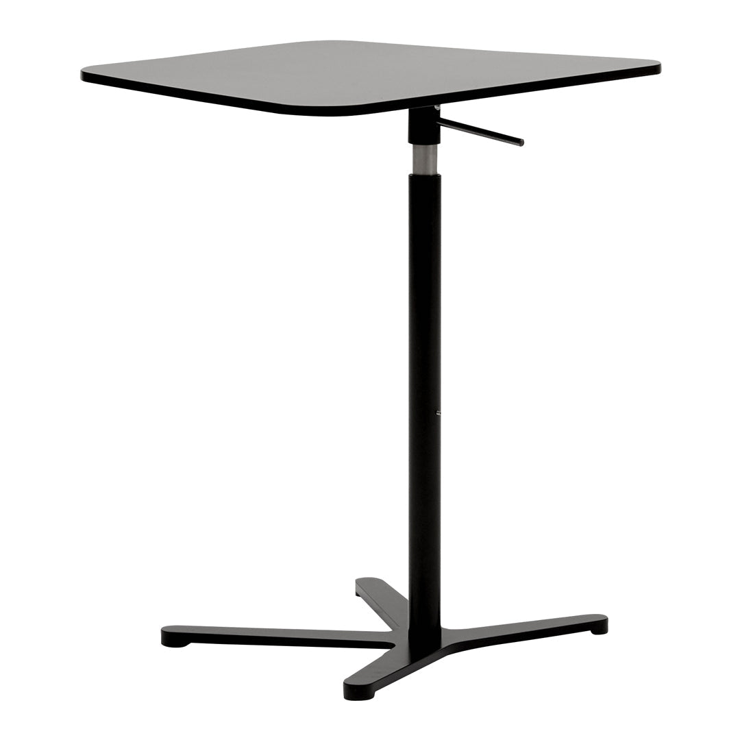Adjustable black table with a sleek square top and minimalist design, featuring a solid black base.