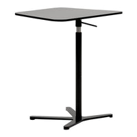 Adjustable black table with a sleek square top and minimalist design, featuring a solid black base.
