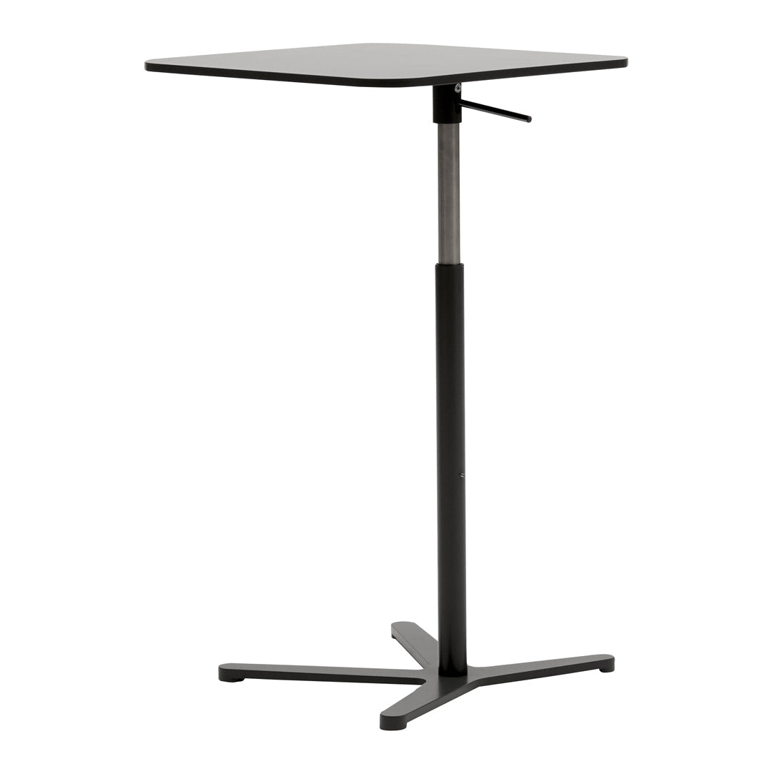 Adjustable black table with a sleek square top and minimalist design, perfect for modern decor.