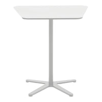 White dining table with a sleek, minimalist design and a light gray base, featuring smooth, clean lines.