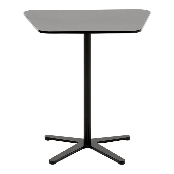Modern gray tabletop with a sleek black pedestal base and star-shaped legs. Ideal for minimalist decor.