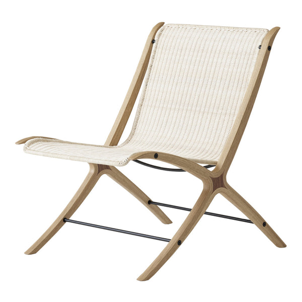 Cream-colored chair with a vertical striped pattern and natural wood frame, perfect for modern decor.