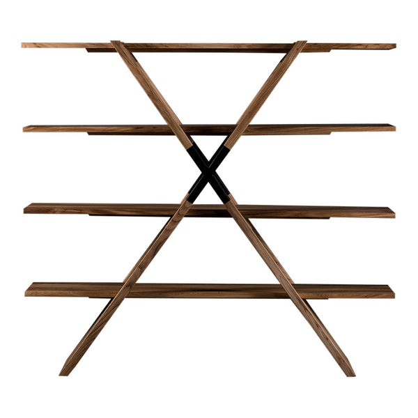 Wooden shelving unit with a rich brown finish and sleek black accent, featuring a modern geometric design.