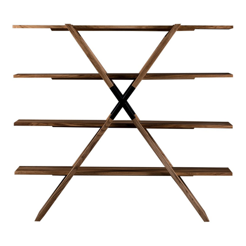 Wooden shelving unit with a rich brown finish and sleek black accent, featuring a modern geometric design.
