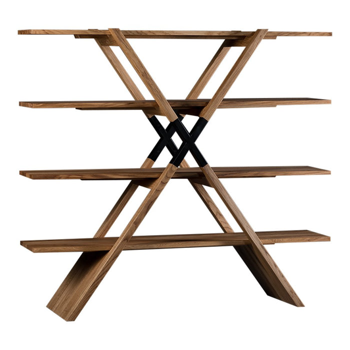 Natural wood finish with a modern geometric pattern and contrasting black accents on a four-tier shelf.