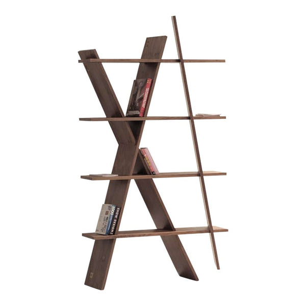 Brown wooden bookcase with an angular design featuring staggered shelves for a modern, stylish look.