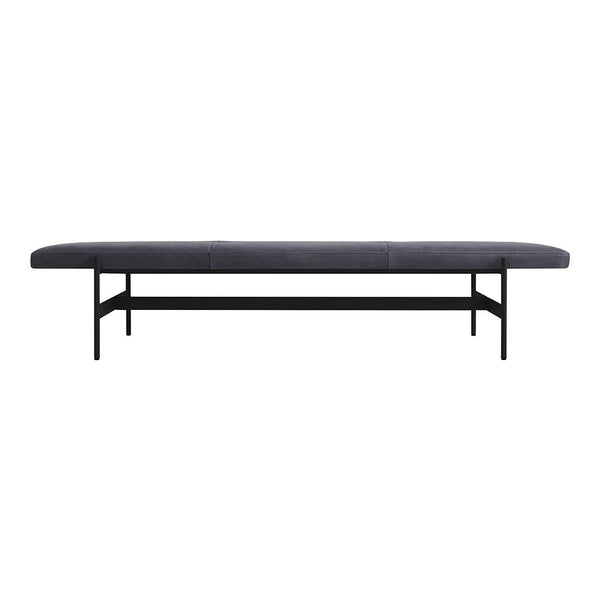 Sleek black metal frame and dark gray upholstered bench with a minimalist design and smooth texture.