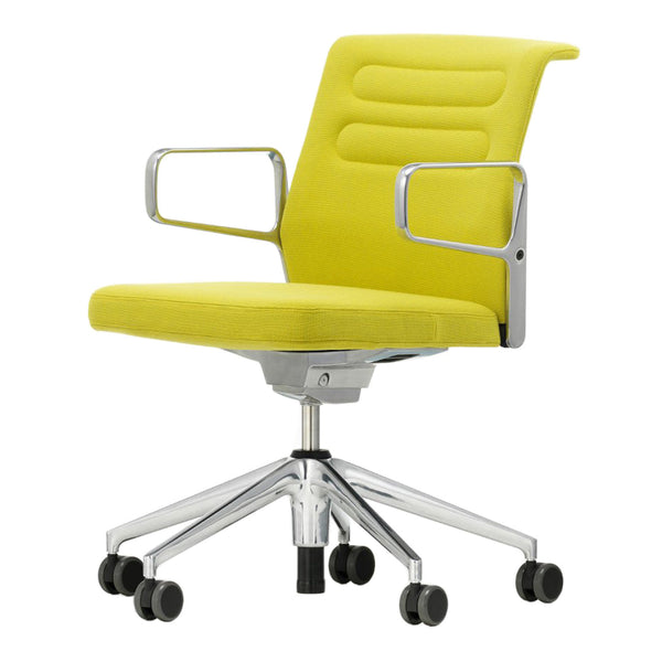 Bright yellow office chair with a sleek chrome base and padded seat featuring a textured pattern. Ideal for modern spaces.