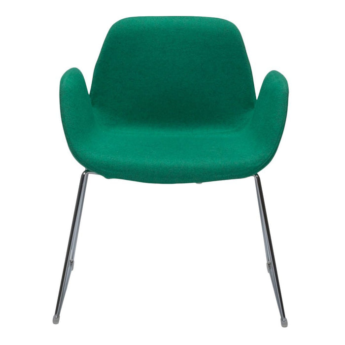Green upholstered chair with smooth, rounded edges and sleek metal legs, perfect for modern decor.