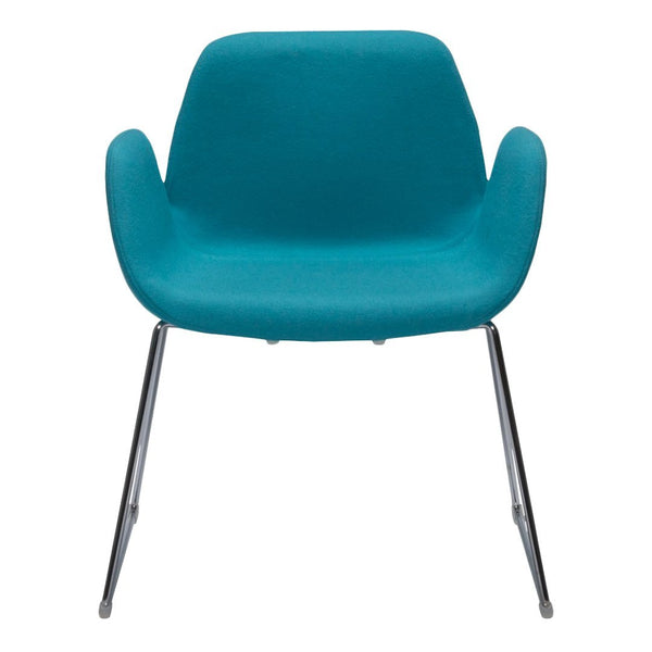 Teal upholstered chair with a sleek chrome base and minimalist design, perfect for modern interiors.