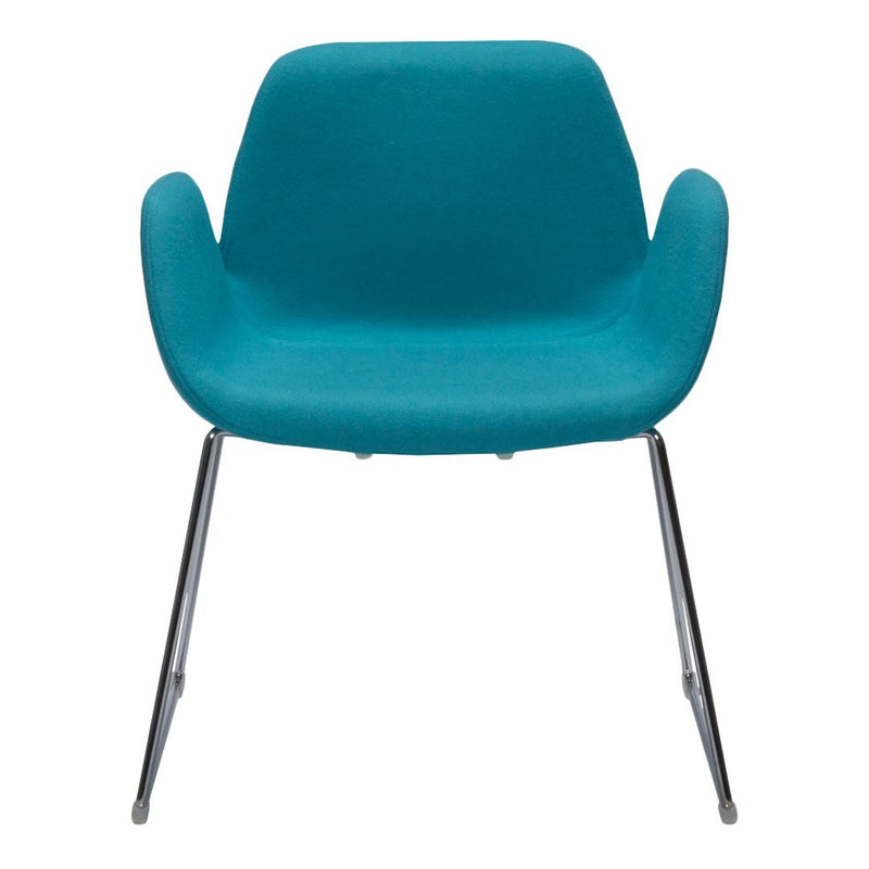 Teal upholstered chair with a sleek chrome base and minimalist design, perfect for modern interiors.