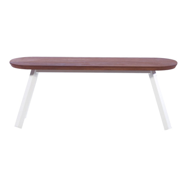 Brown wooden tabletop with a smooth finish and sleek white legs, offering a modern minimalist design.