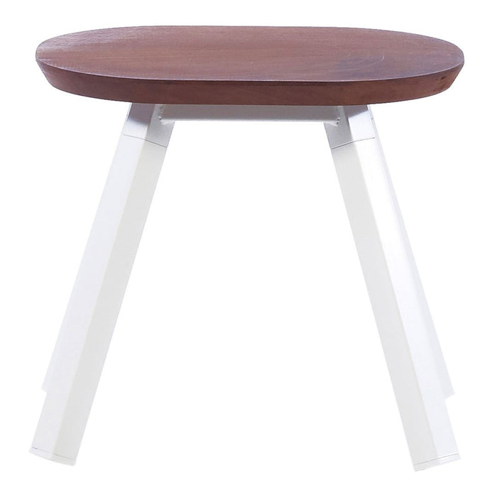 Brown wood top with smooth finish, complemented by sleek white transparent legs, creating a modern minimalist look.