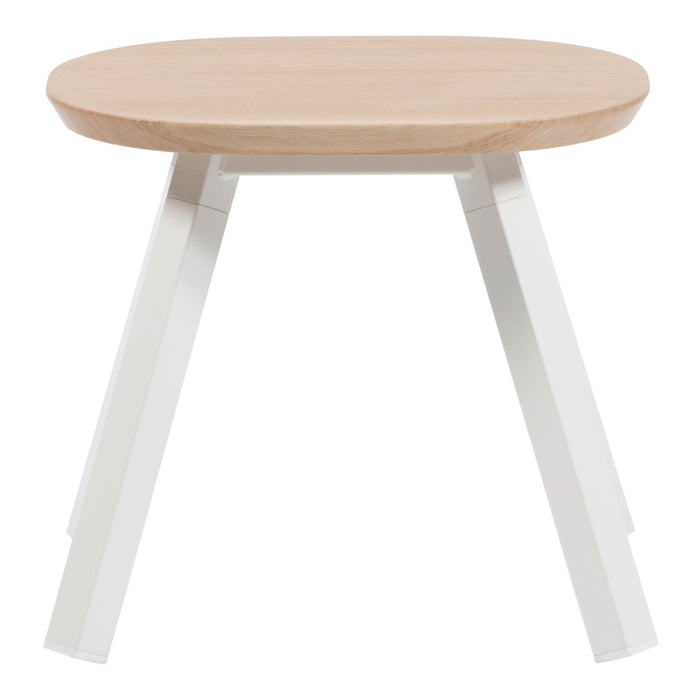 Light wood round top with minimalist white legs, showcasing a modern and clean design. Perfect for any decor style.