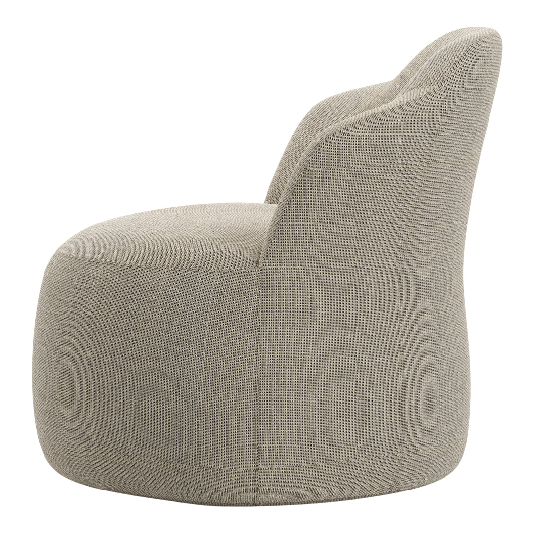 Textured light gray fabric armchair with a modern, curved design, perfect for contemporary interiors.