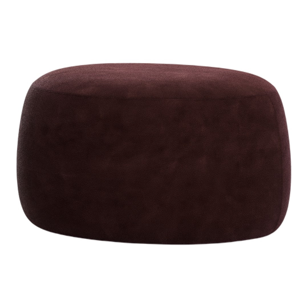 Burgundy suede ottoman with a smooth, rounded shape, perfect for modern decor.