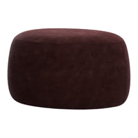 Burgundy suede ottoman with a smooth, rounded shape, perfect for modern decor.