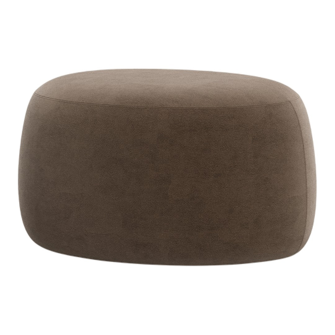 Brown upholstered ottoman with a smooth, minimalist design, featuring a soft, suede-like texture.