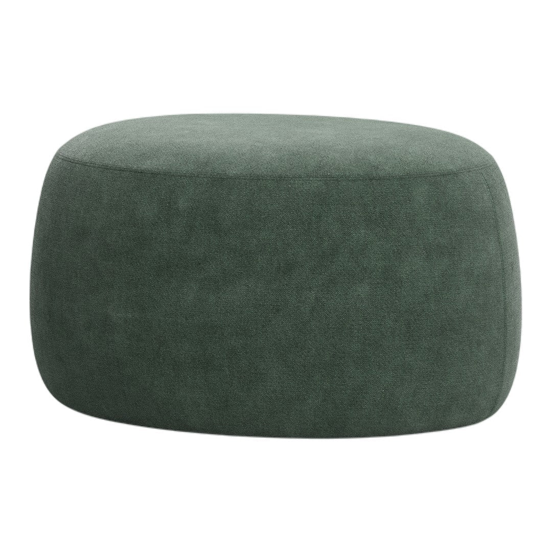 Green fabric ottoman with a smooth, rounded shape and soft texture, perfect for any modern decor.