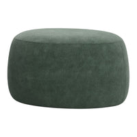 Green fabric ottoman with a smooth, rounded shape and soft texture, perfect for any modern decor.