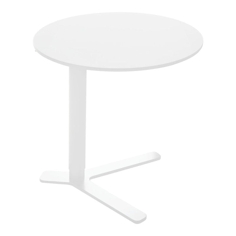 Round white table with a minimalist design and smooth surface, featuring a simple cross-shaped base.